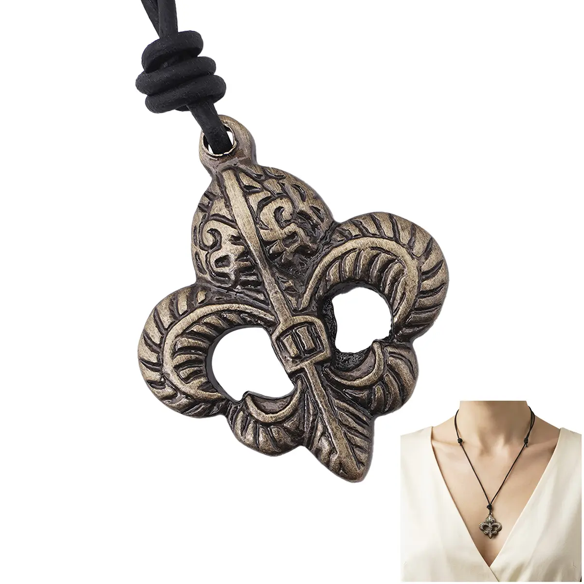 Fleur-de-Lis Pendant With Adjustable Leather Cord Antiqued Brass Accessory Fleur-de-Lis Pendant With Adjustable Leather Cord Antiqued Brass Accessory - Image 3