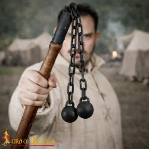 Late Medieval Battle Flail, Double Ball Iron on Chain with Solid Wood Grip