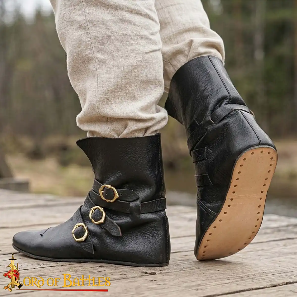 15th Century Handcrafted Leather Boots with Triple Brass Straps - Image 6