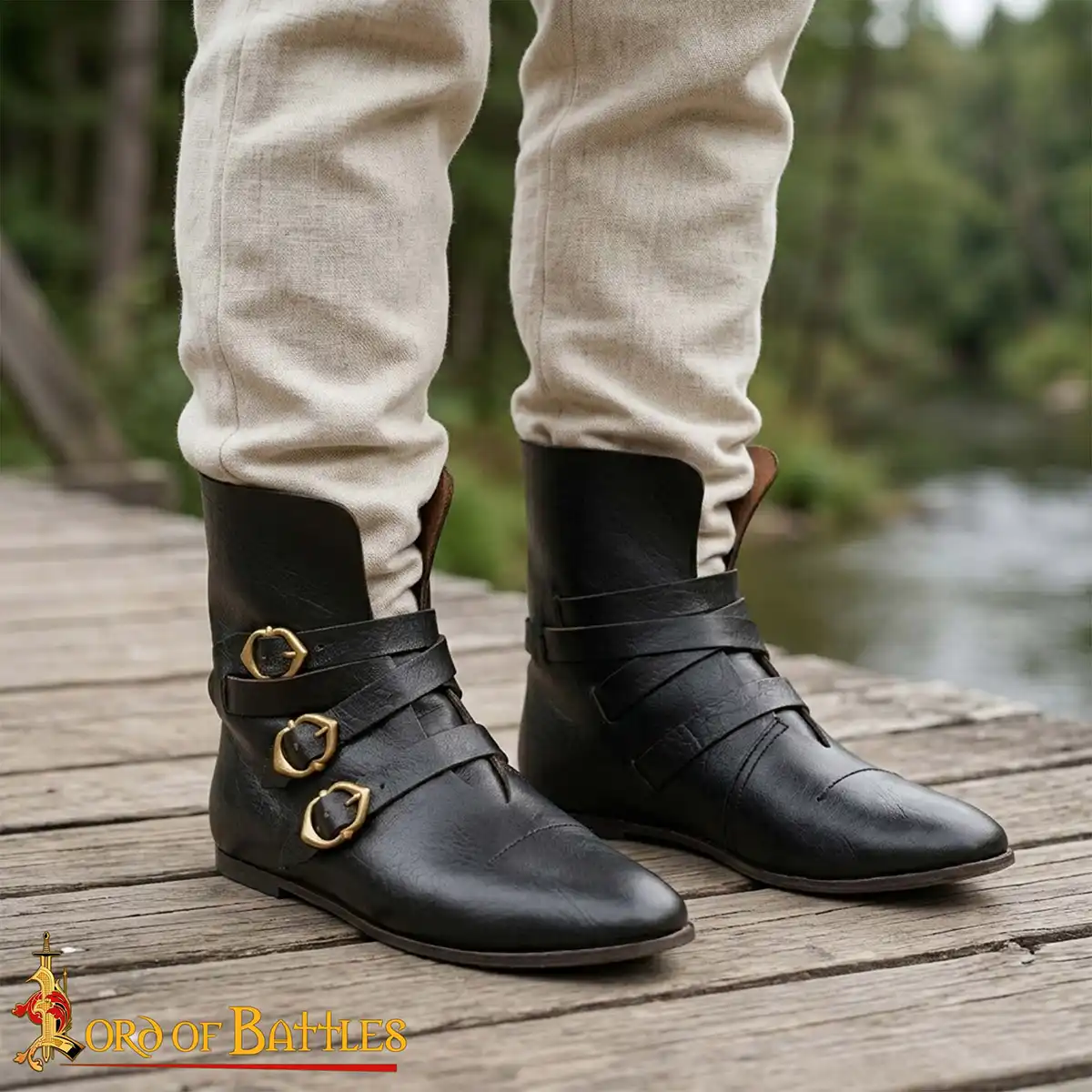 15th Century Handcrafted Leather Boots with Triple Brass Straps - Image 2