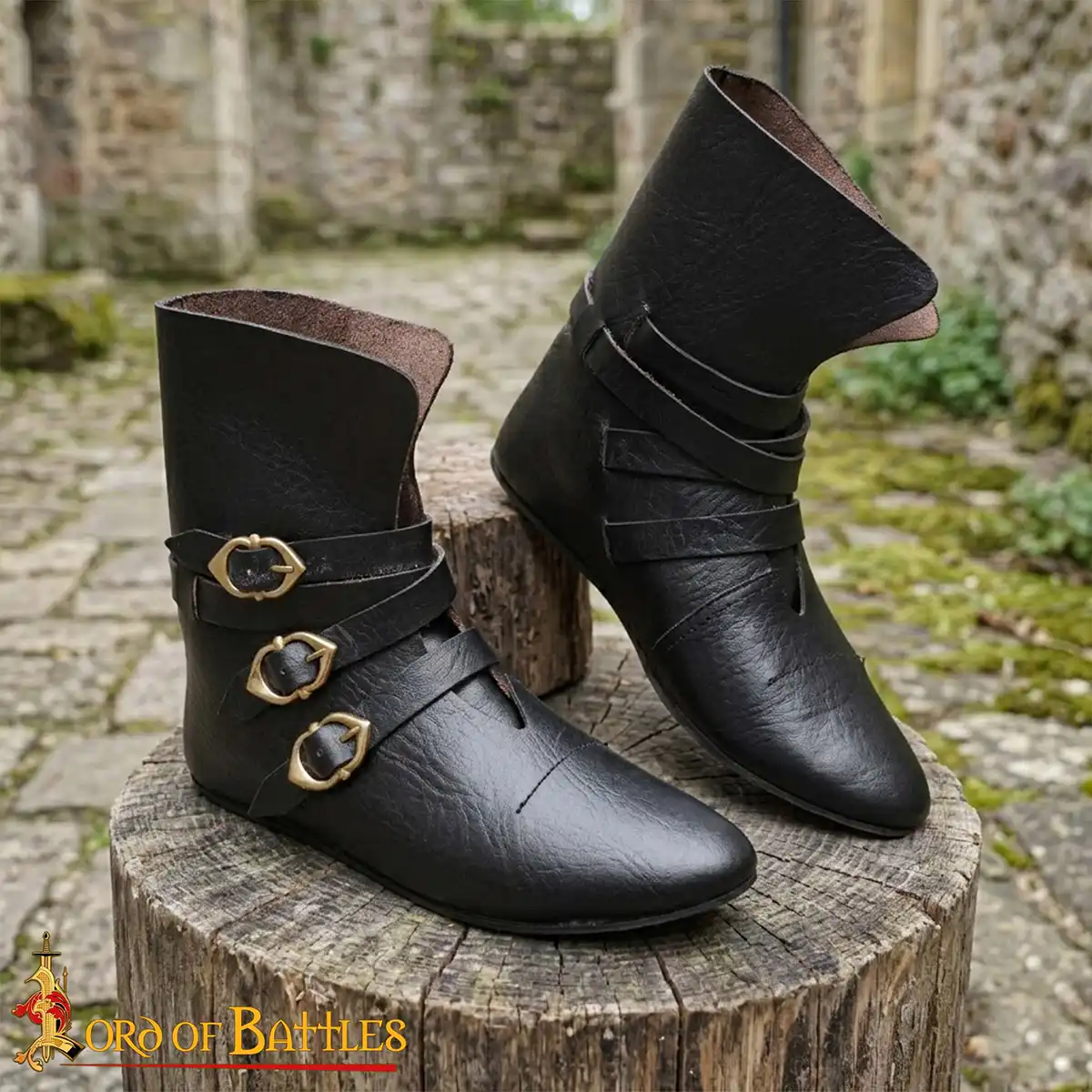 15th Century Handcrafted Leather Boots with Triple Brass Straps - Image 5