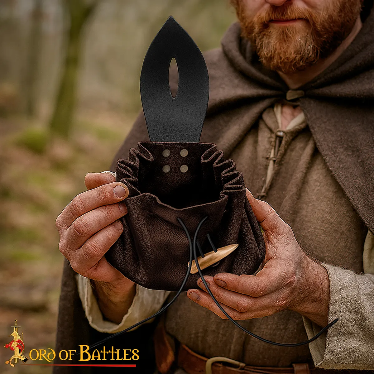 Medieval Handcrafted Leather Belt Pouch with Horn Toggle Medieval Handcrafted Leather Belt Pouch with Horn Toggle - Image 2