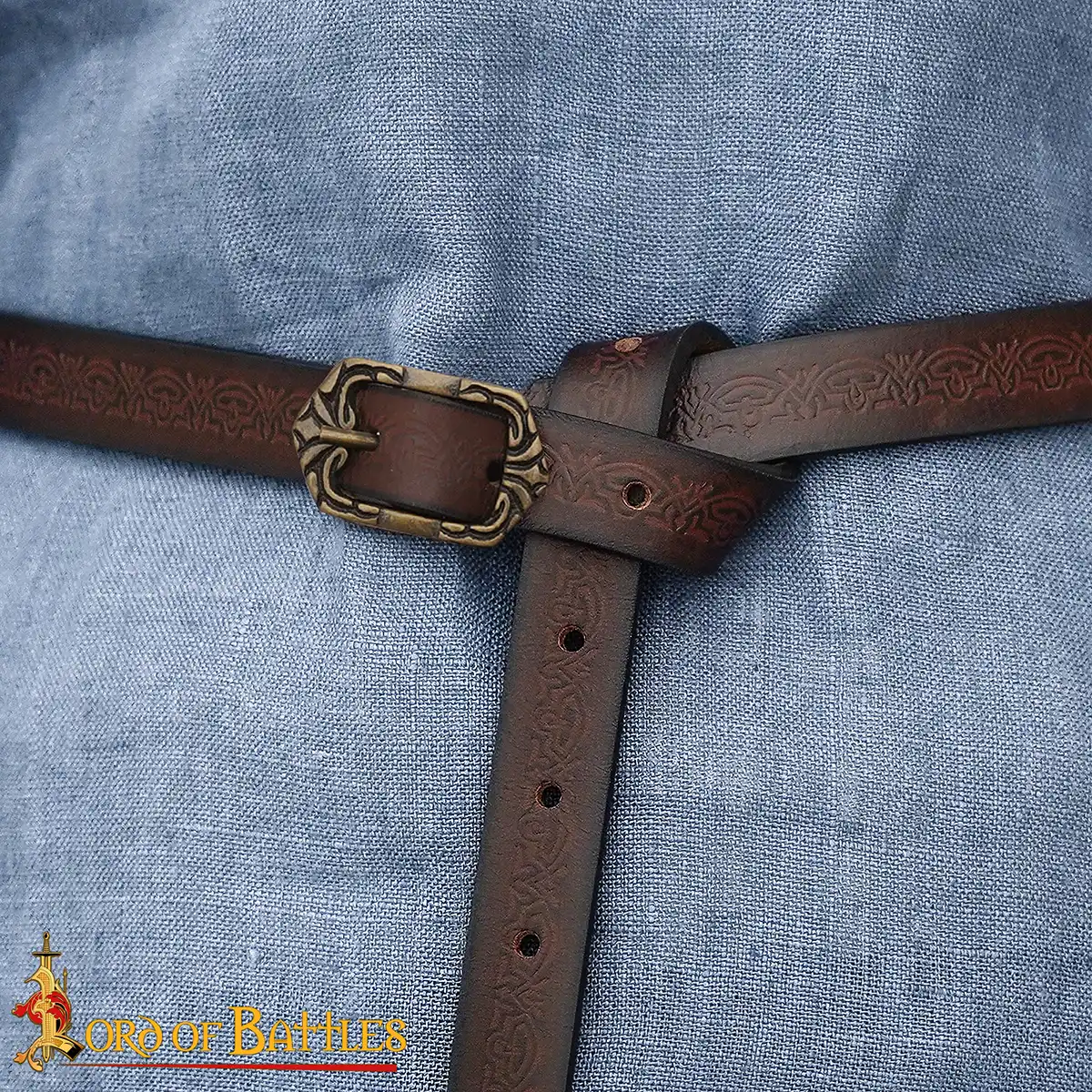 Embossed Thin Leather Fantasy Belt with Engraved Antique Brass Buckle Embossed Thin Leather Fantasy Belt with Engraved Antique Brass Buckle - Image 2