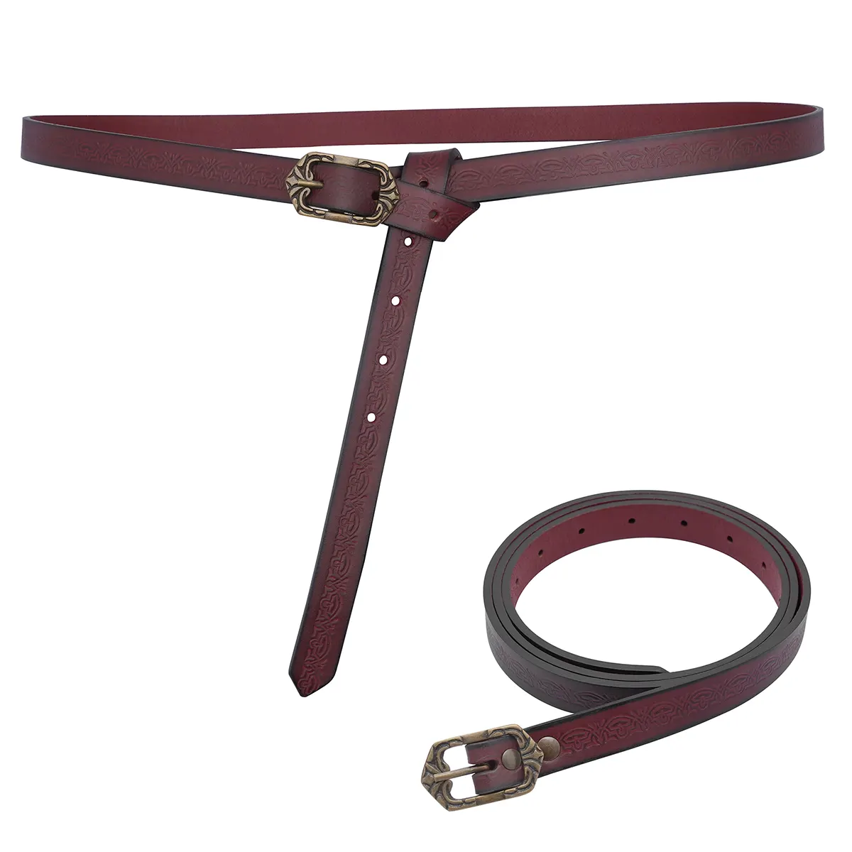 Embossed Thin Leather Fantasy Belt with Engraved Antique Brass Buckle Embossed Thin Leather Fantasy Belt with Engraved Antique Brass Buckle - Image 3