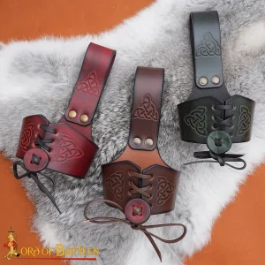 Celtic Knotwork Leather Drinking Horn Holder – Adjustable Viking Belt Holster in Multiple Colors & Sizes