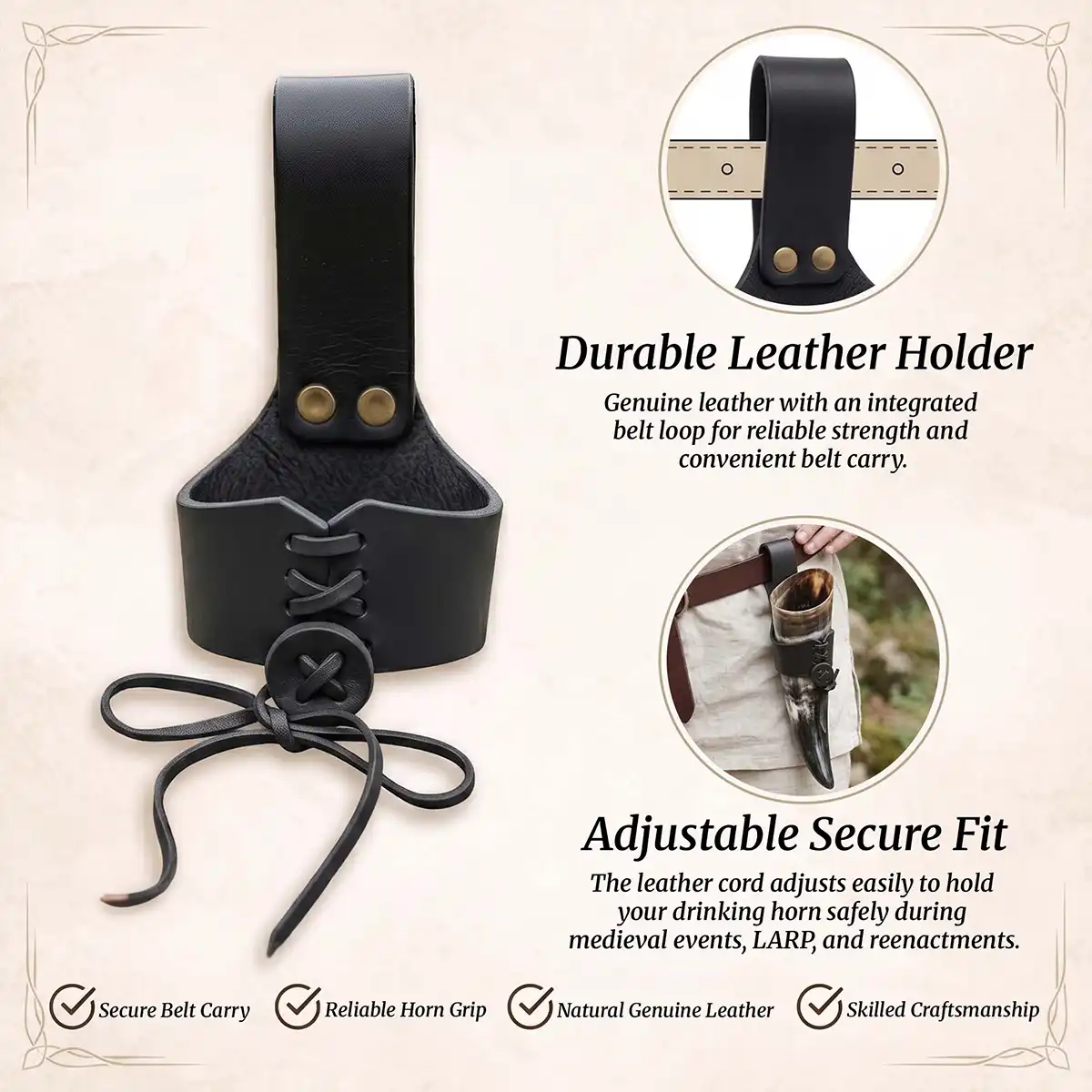 Leather Drinking Horn Holder - Adjustable Medieval Belt Frog - Image 10