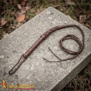 Rustic Medieval Leather Bull Whip, Hand-Braided Craftsmanship with Brass Rivets