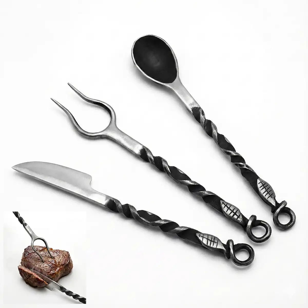 Hand-Forged Rustic Cutlery Set – Iron Spoon, Fork & Knife with Twisted Handles Hand-Forged Rustic Cutlery Set – Iron Spoon, Fork & Knife with Twisted Handles - Image 4