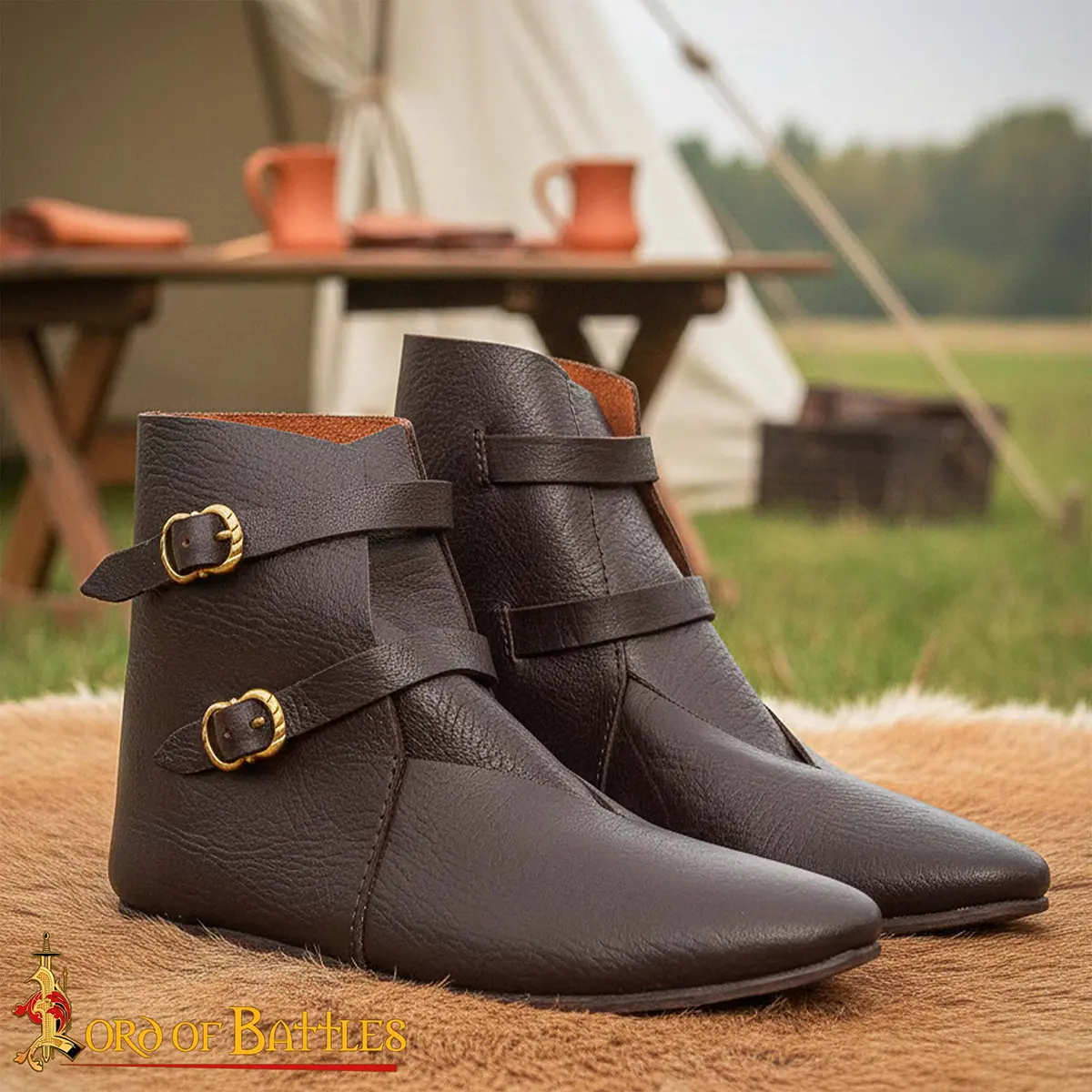 Medieval Ankle Boots – Handcrafted Leather Footwear with Brass Buckle Closures Medieval Ankle Boots